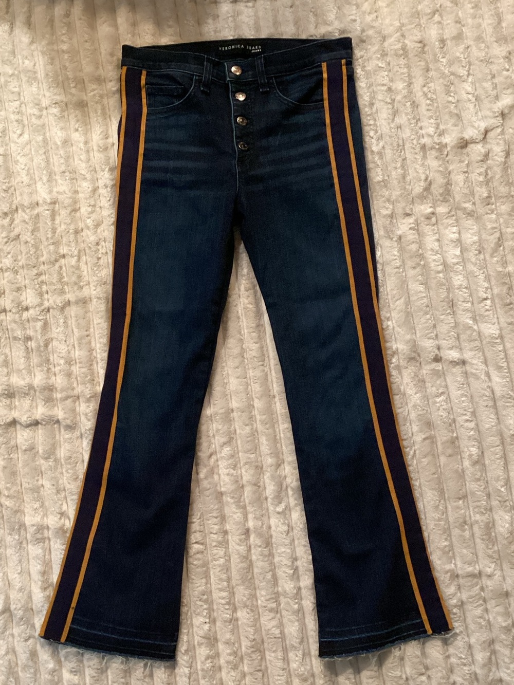 Veronica Beard Navy Flare Jeans with Gold Side Stripes